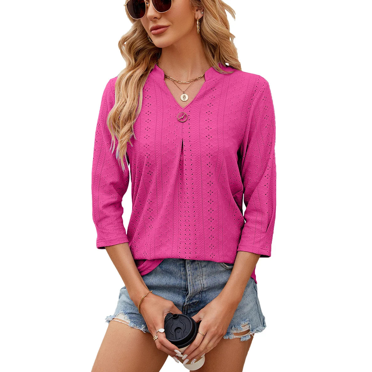 New Solid Color Seven Quarter Sleeve Casual Blouse Woman