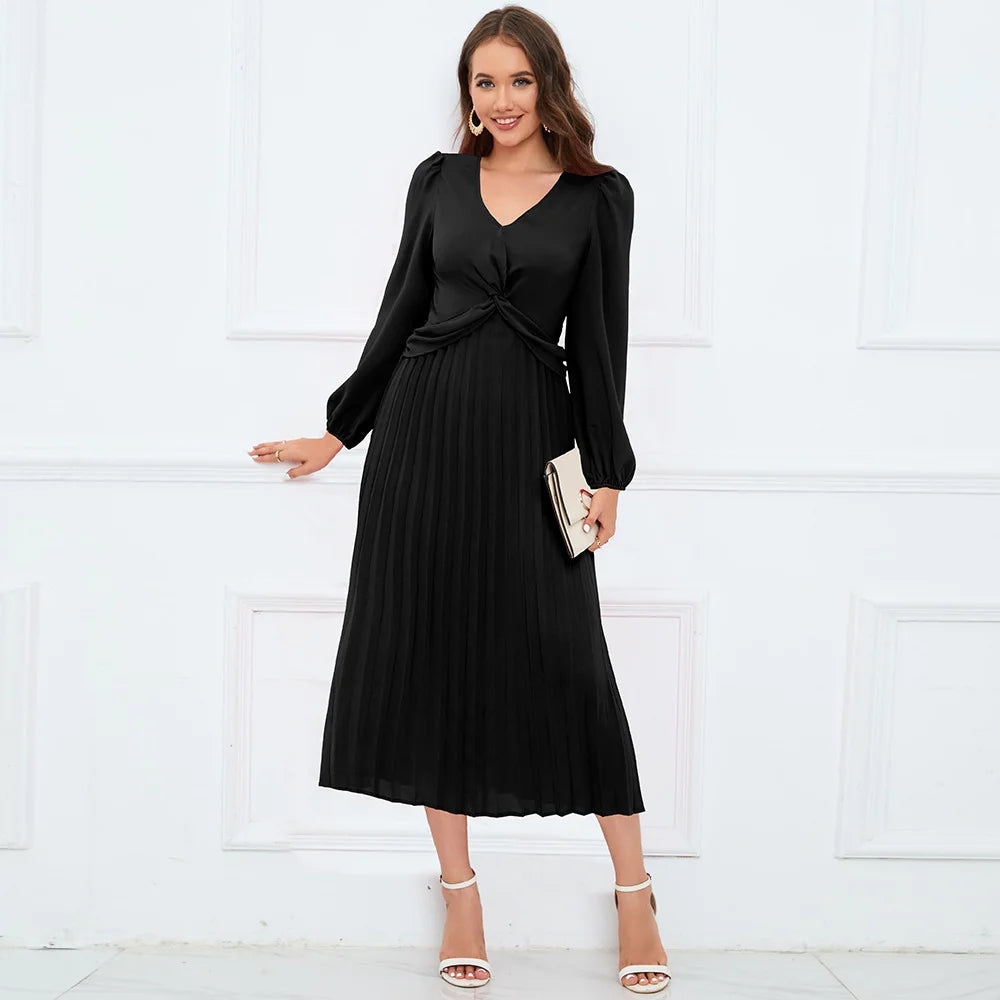 Long Sleeved V Necked Slim Pleated Dress