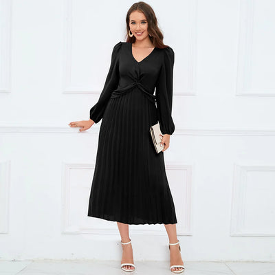Long Sleeved V Necked Slim Pleated Dress