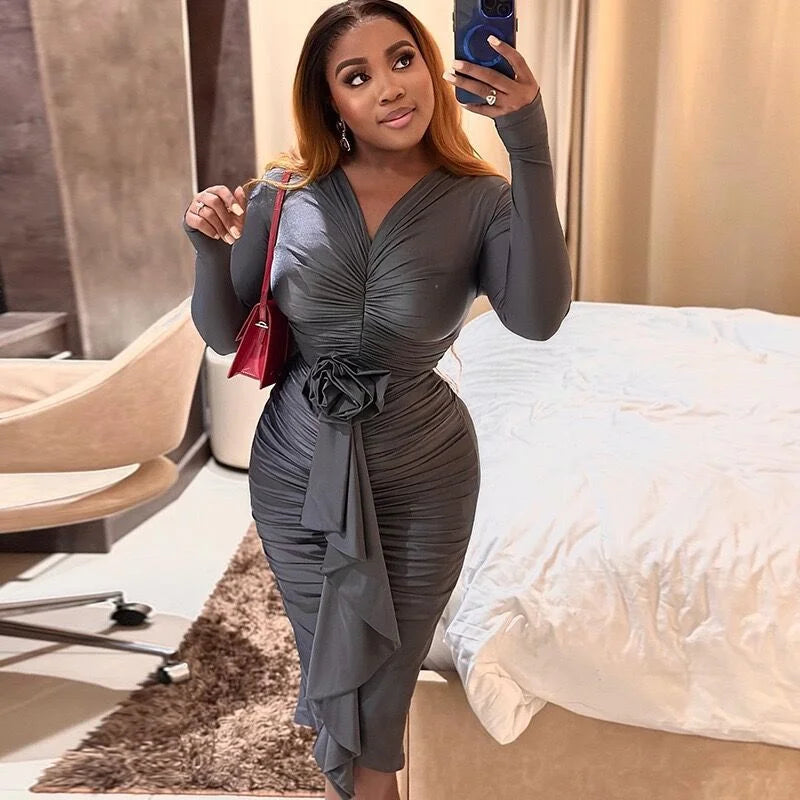 Long Sleeve V Neck Skirt Rose Design Sensual Sexy Hip Dress