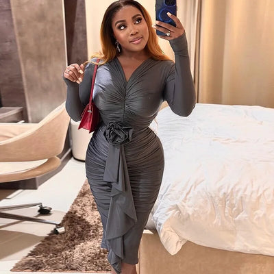 Long Sleeve V Neck Skirt Rose Design Sensual Sexy Hip Dress