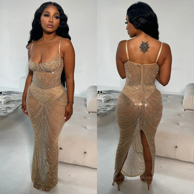 Mesh Hot Diamond Suspender Long Dress