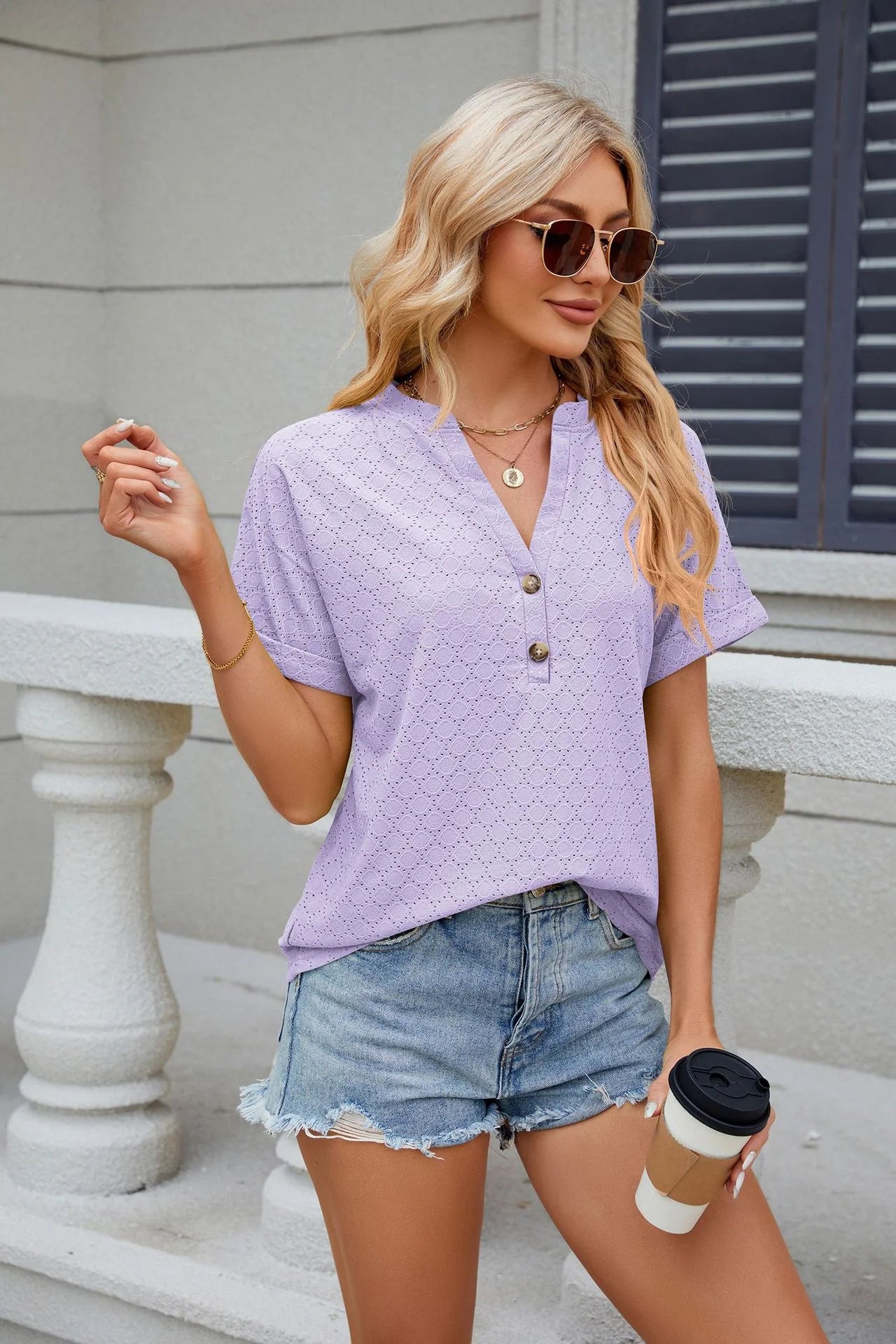 Loose Short Sleeve Button V Neck Blouse