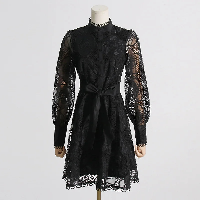French Elegant Court Style Lace Embroidery Jacquard Waist Cinched Waist Slim Short Dress Women