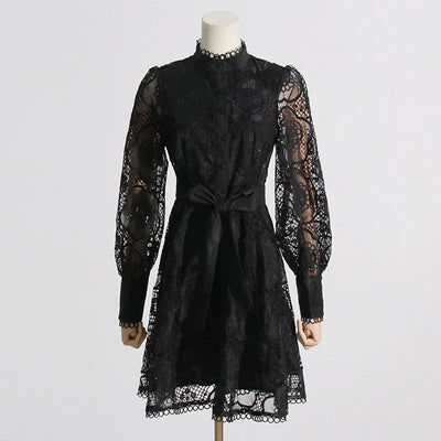 French Elegant Court Style Lace Embroidery Jacquard Waist Cinched Waist Slim Short Dress Women