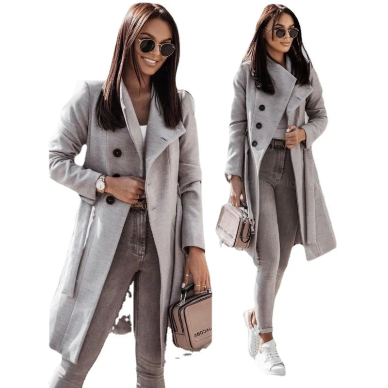 Tweed Coat Solid Color Lace Up Midi Woolen Trench Coat