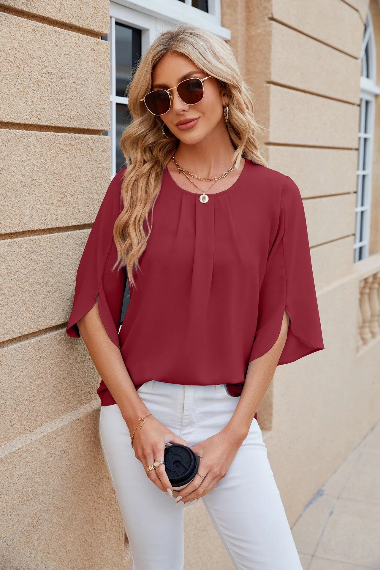 Solid Color Round Collar Five Short Sleeved Loose Chiffon Blouse