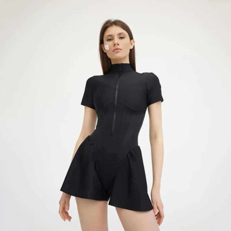 Tight Short Skirt One Piece Round Neck Short Sleeve Zipper Bottom Shirt