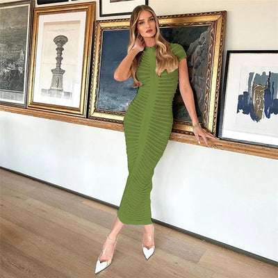 Long Dress Sexy Short Sleeve Knitted High Neck High Waist Long Tight Dress