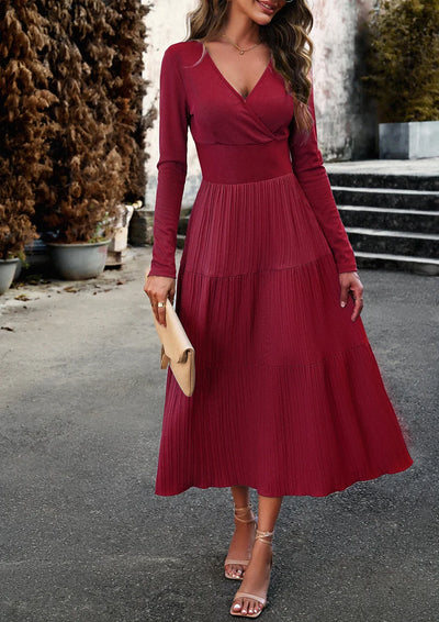 Long Skirt Temperament Commuter V Neck Long Sleeve Temperament Elegant Dress