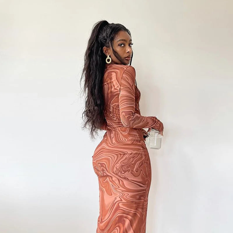 Round Neck Long Sleeve Bodycon Dress With Printed Skirt At The Hip