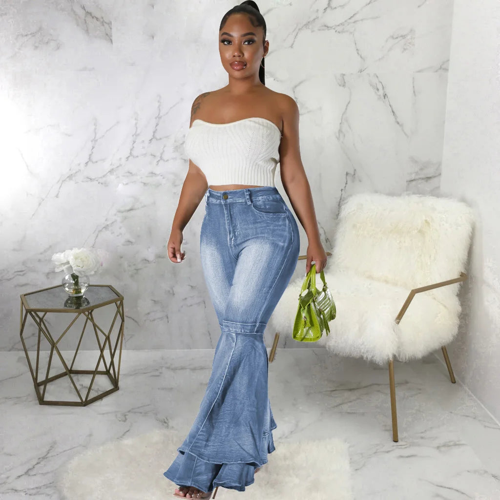 Versatile Wide Leg Washed Denim Stretch Bell Bottoms