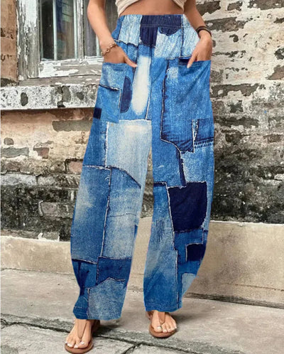 High Waisted Pocket Printed Long Pants and Wide Leg Pants
