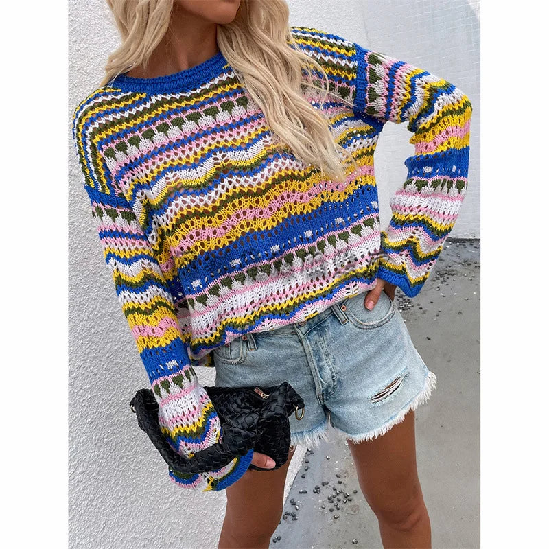 Stitched Knit Sweater Loose Intercolored Round Neck Striped Sweater Female