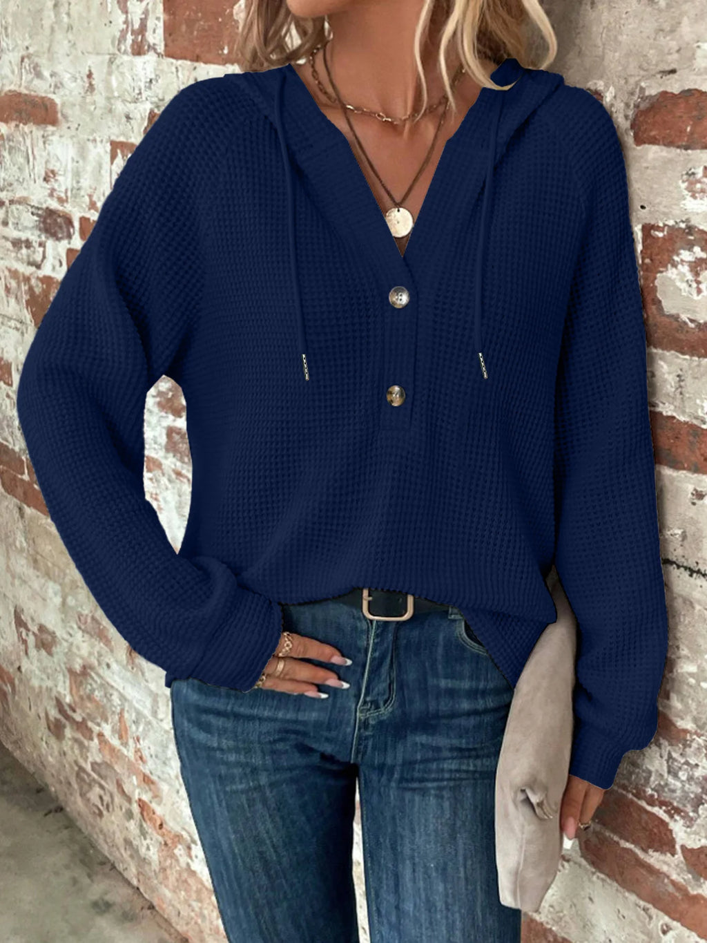 Solid Color Button Down Loose Long Sleeve Hoodie