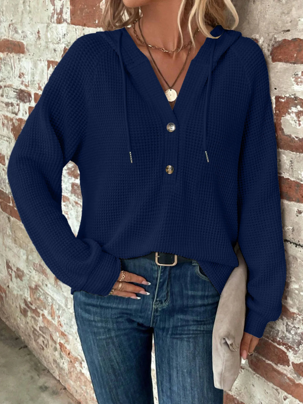 Solid Color Button Down Loose Long Sleeve Hoodie