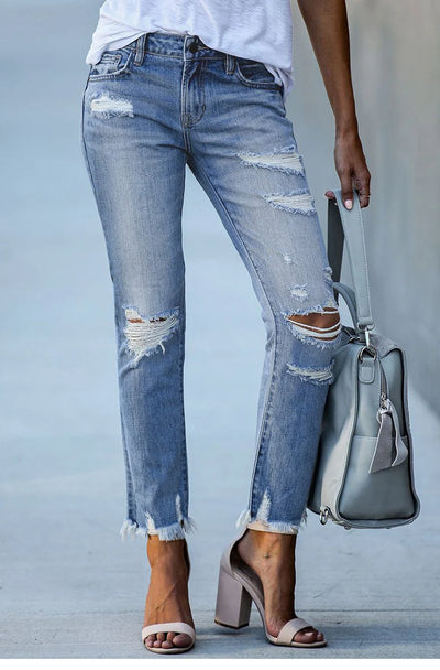 Washed Frayed Tassel Jeans Slim High Stretch Small Leg Trousers