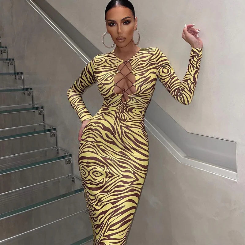 Print Cut Out Long Sleeve Slim Dress