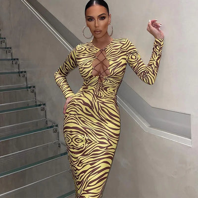 Print Cut Out Long Sleeve Slim Dress