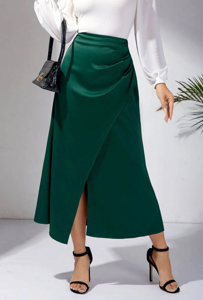 High Waisted Satin Pile Pleated Slit Long Skirt Solid Color Skirt Zipper Fishtail Hip Skirt