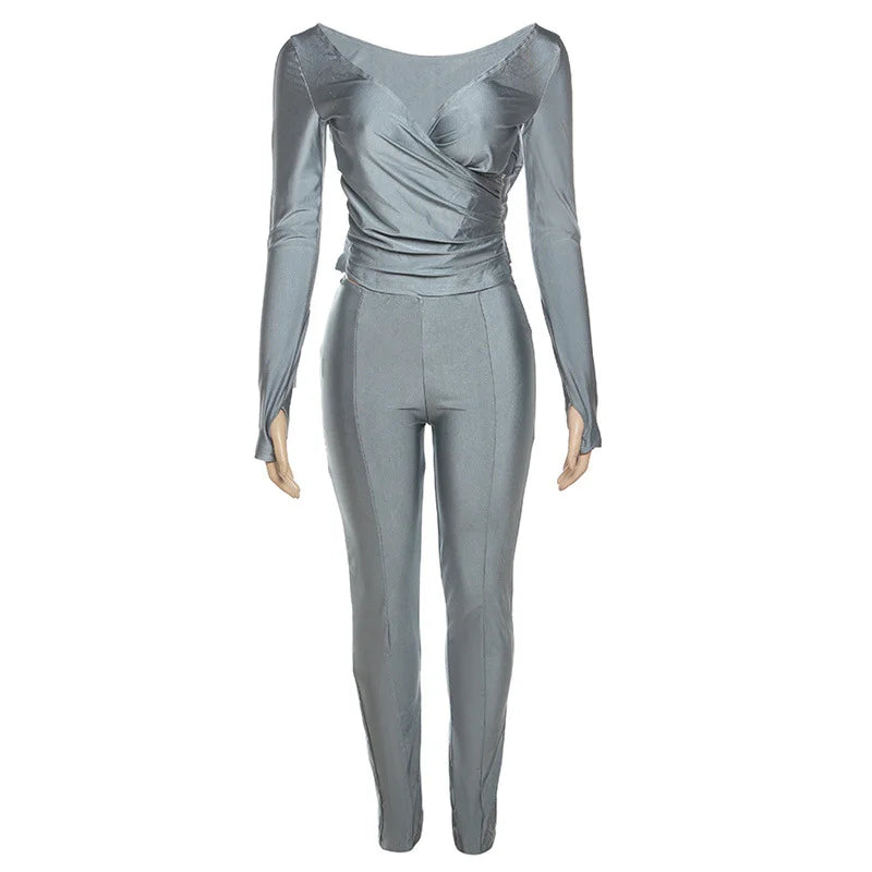 Sexy Off The Shoulder V Neck High Waisted Tight Pants Casual Sports Suit