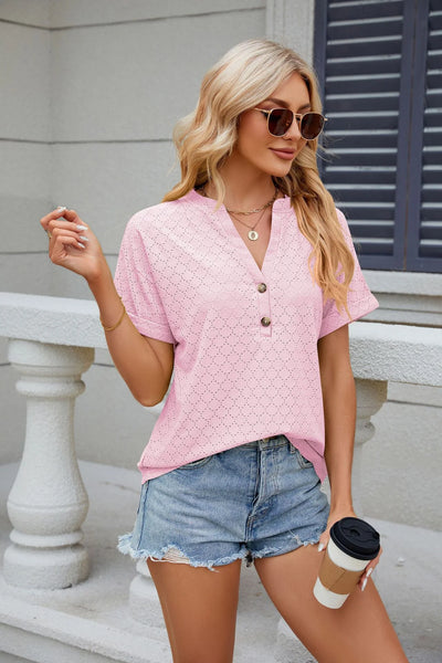 Pure Color V Collar Buttons Loose Short Sleeved T-Shirt Blouse
