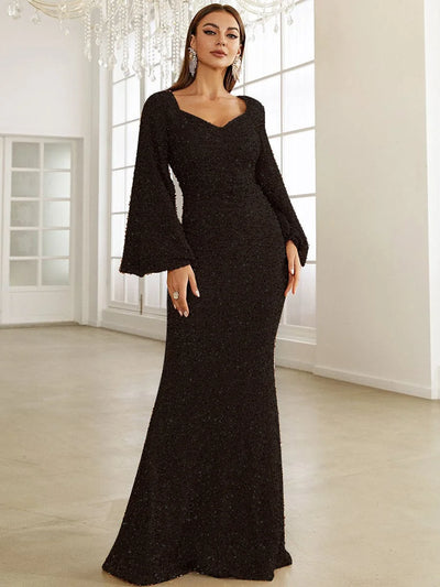 Long Evening Dress with V Neckline and Sequins on the Hip