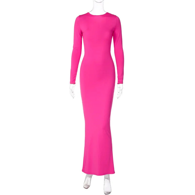 Summer New Fashion Sexy V-Neck Slim Pleated Solid Color Long Sleeve Dress