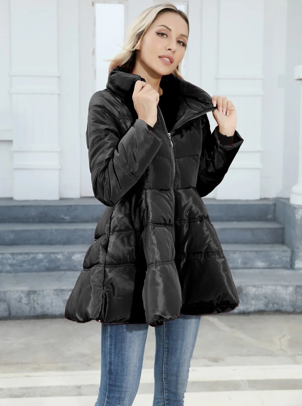 Slim Stand Up Collar Women’s Mid Length Padded Waist Cotton Jacket