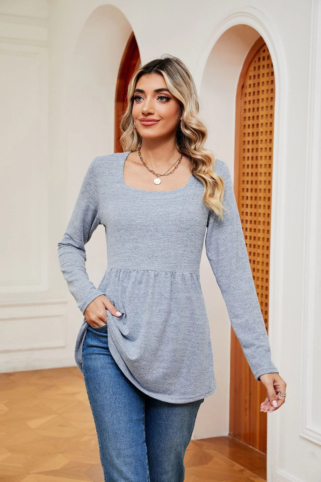 Square Neck Long Sleeve Blouse