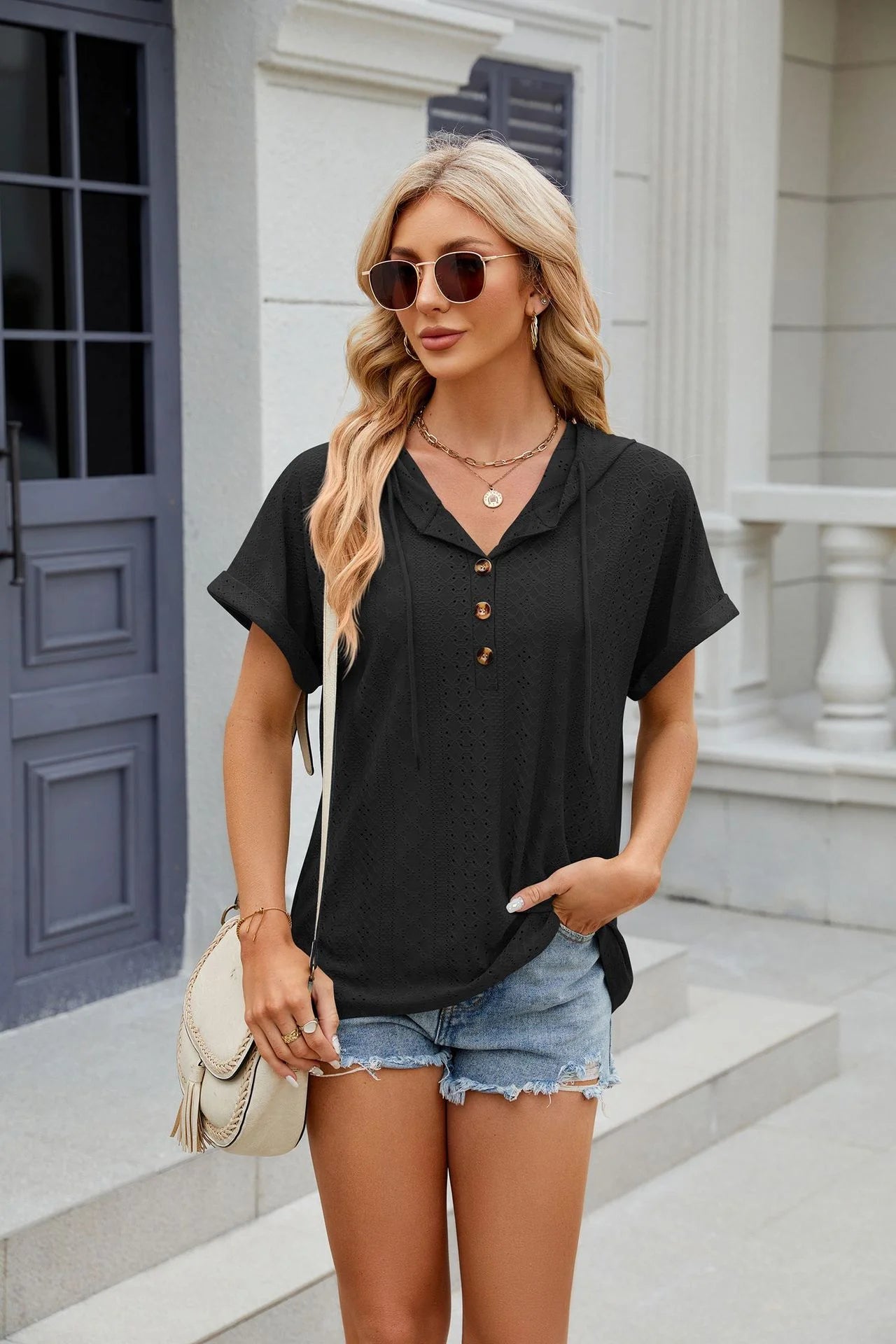 Loose Short Sleeve Button Down Blouse