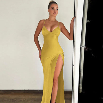 V Neck Backless Lace Up Slit Dress