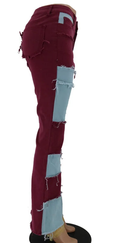 Contrast Patchwork High Waist Jeans