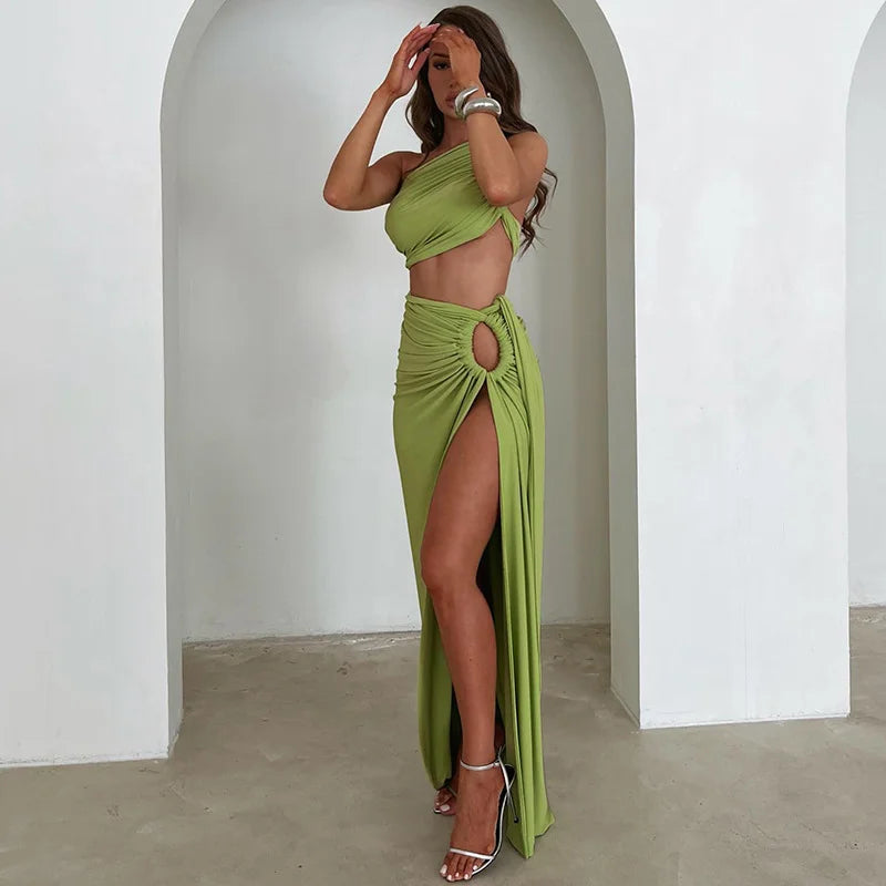 Open Back Bandeau Top Slim Slit Skirt Set