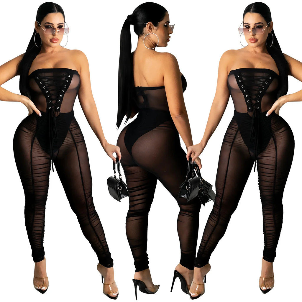 Jumpsuit With Sexy Perspective Wrapped With Long Pants