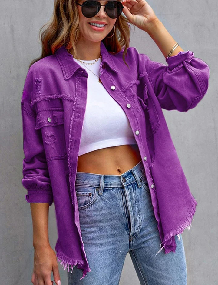 Long Sleeved Jeans Jacket With Holes In Solid Color
