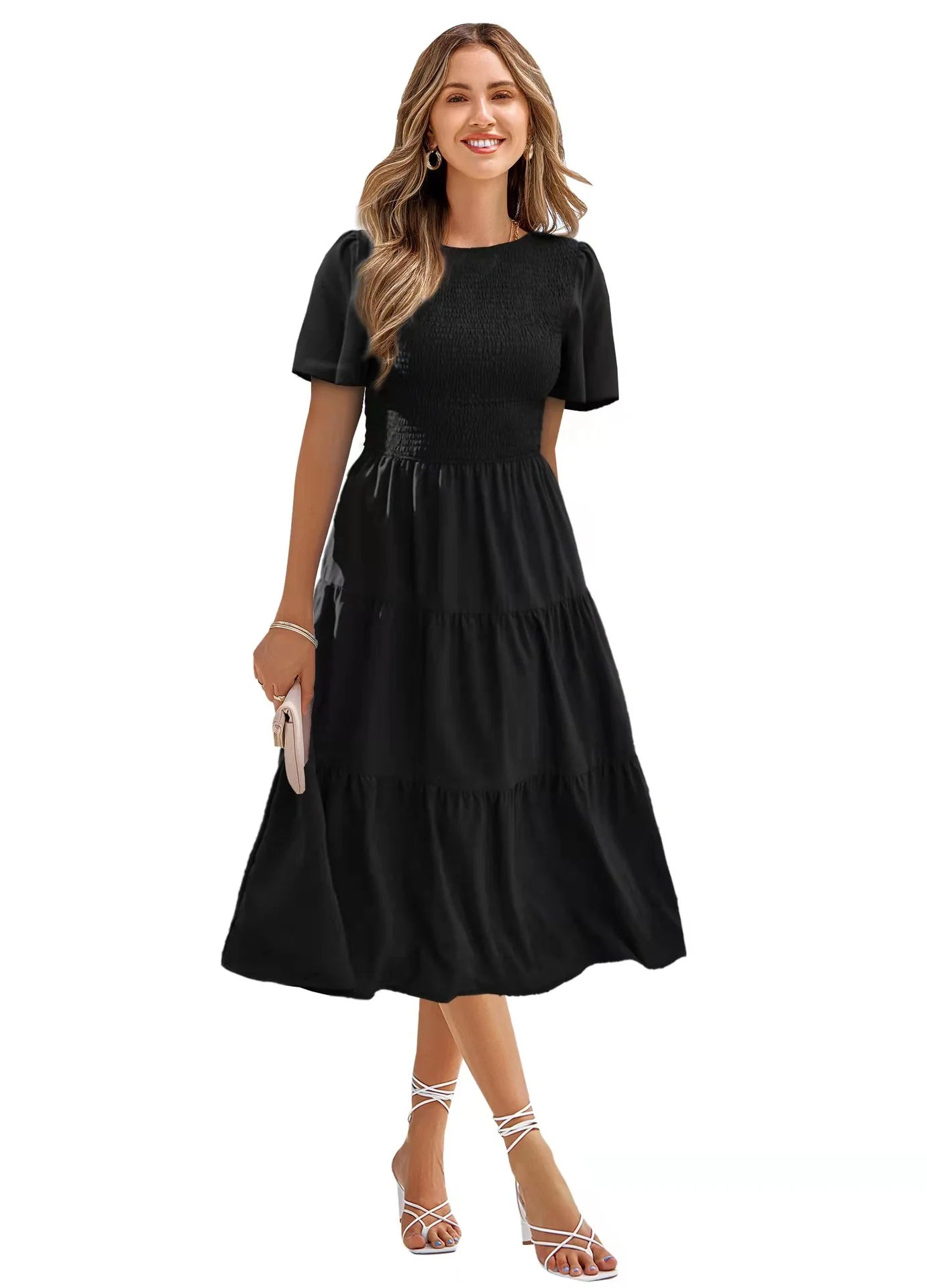 Slim Waist Swing Dress Spring And Summer Round Collar Wrap Around The Holiday Skirt