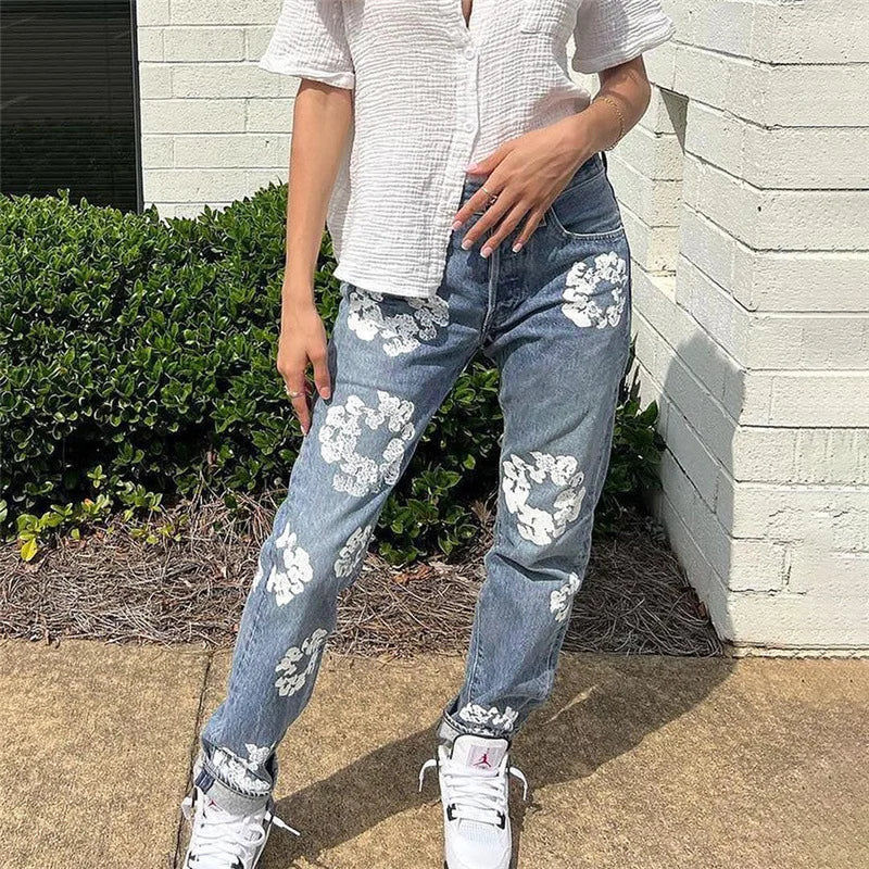 Daisy Print High Waist Straight Leg Skinny Jeans