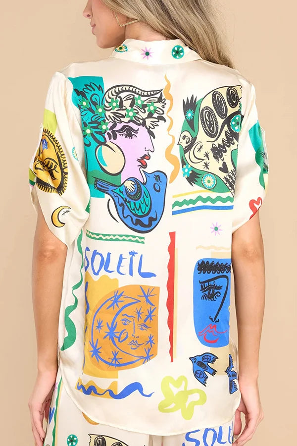Graffiti Print Satin Short Sleeve Lapel Shirt