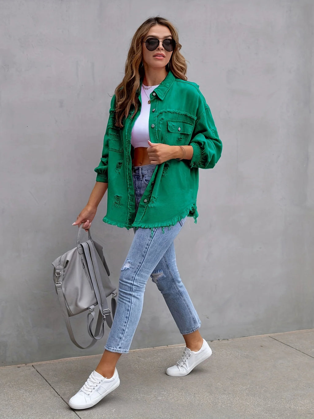 Long Sleeved Jeans Jacket With Holes In Solid Color