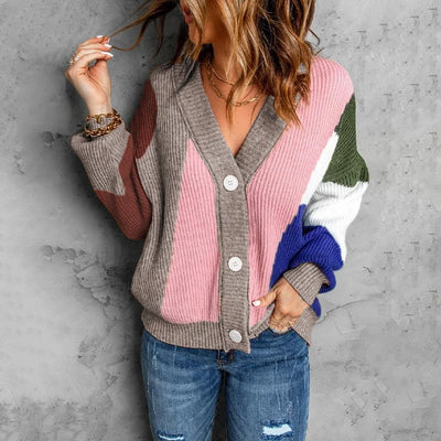 Button Blocking Color Cardigan Sweater Jacket