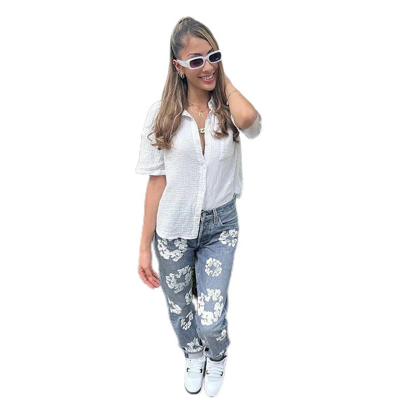 Daisy Print High Waist Straight Leg Skinny Jeans