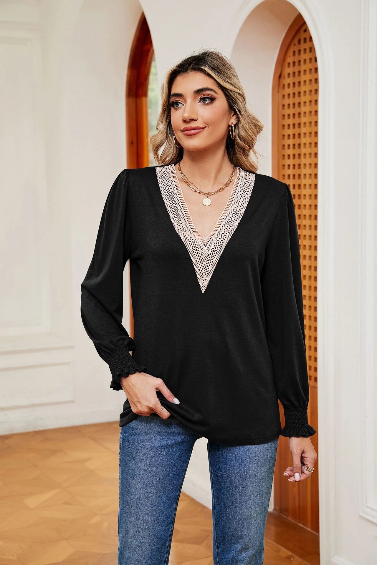 Lace Stitching Long Sleeve Loose Blouse