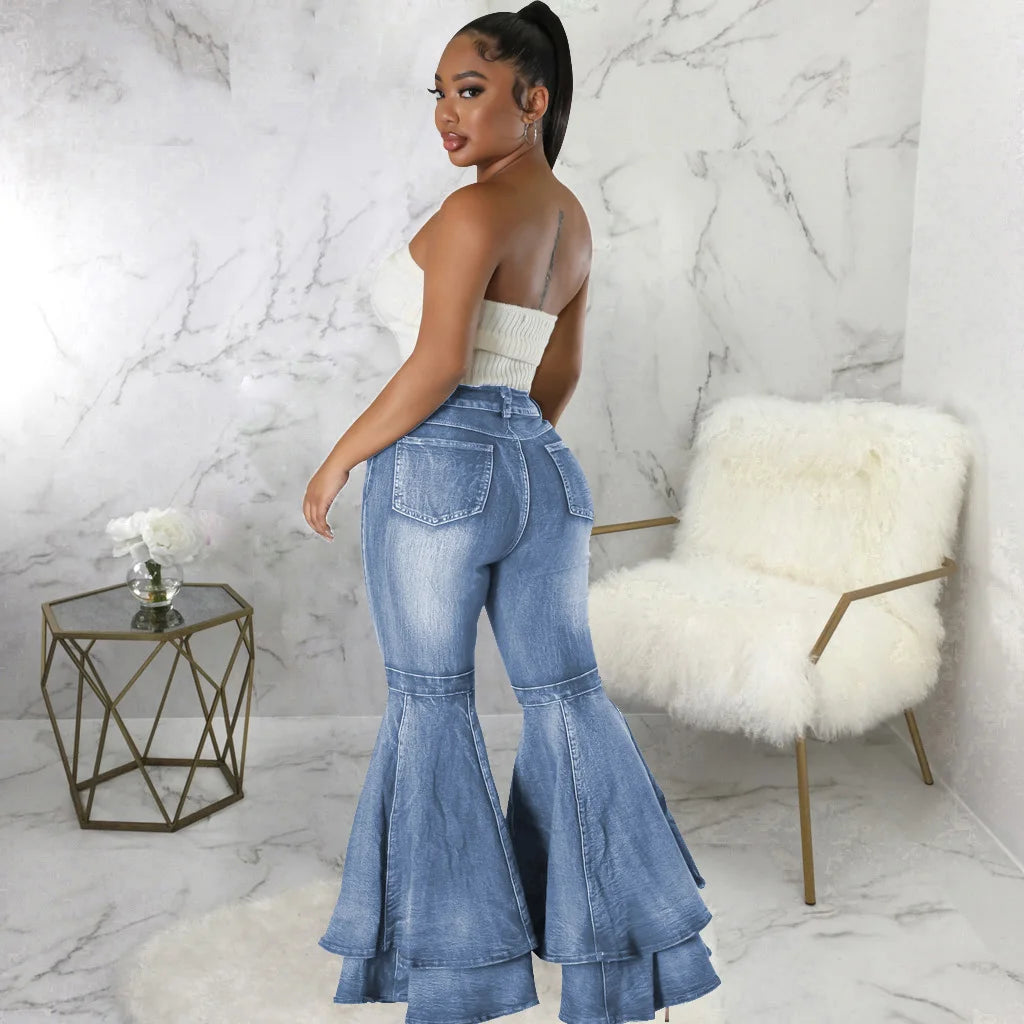 Versatile Wide Leg Washed Denim Stretch Bell Bottoms