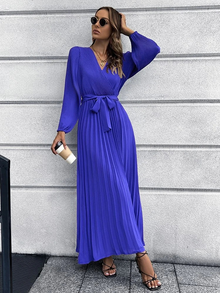 V Neck Long Sleeve Pleated Mid Length Dress