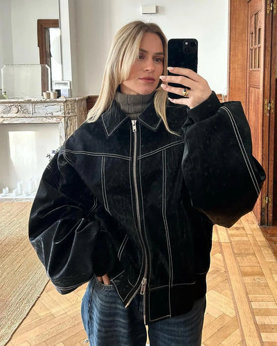 Leather Jacket with Long Sleeves and Zipper