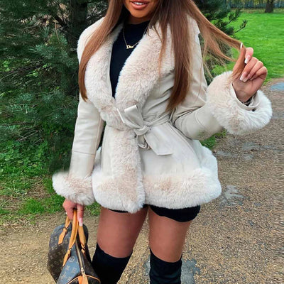 PU Fur Big Collar Tie Waist Leather Jacket