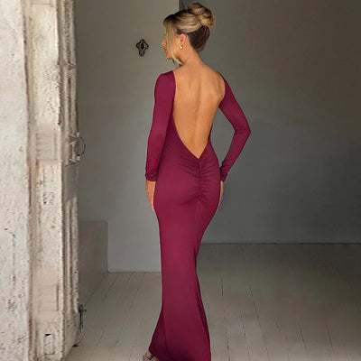 Sexy Backless Pleated Slim Solid Color Dress
