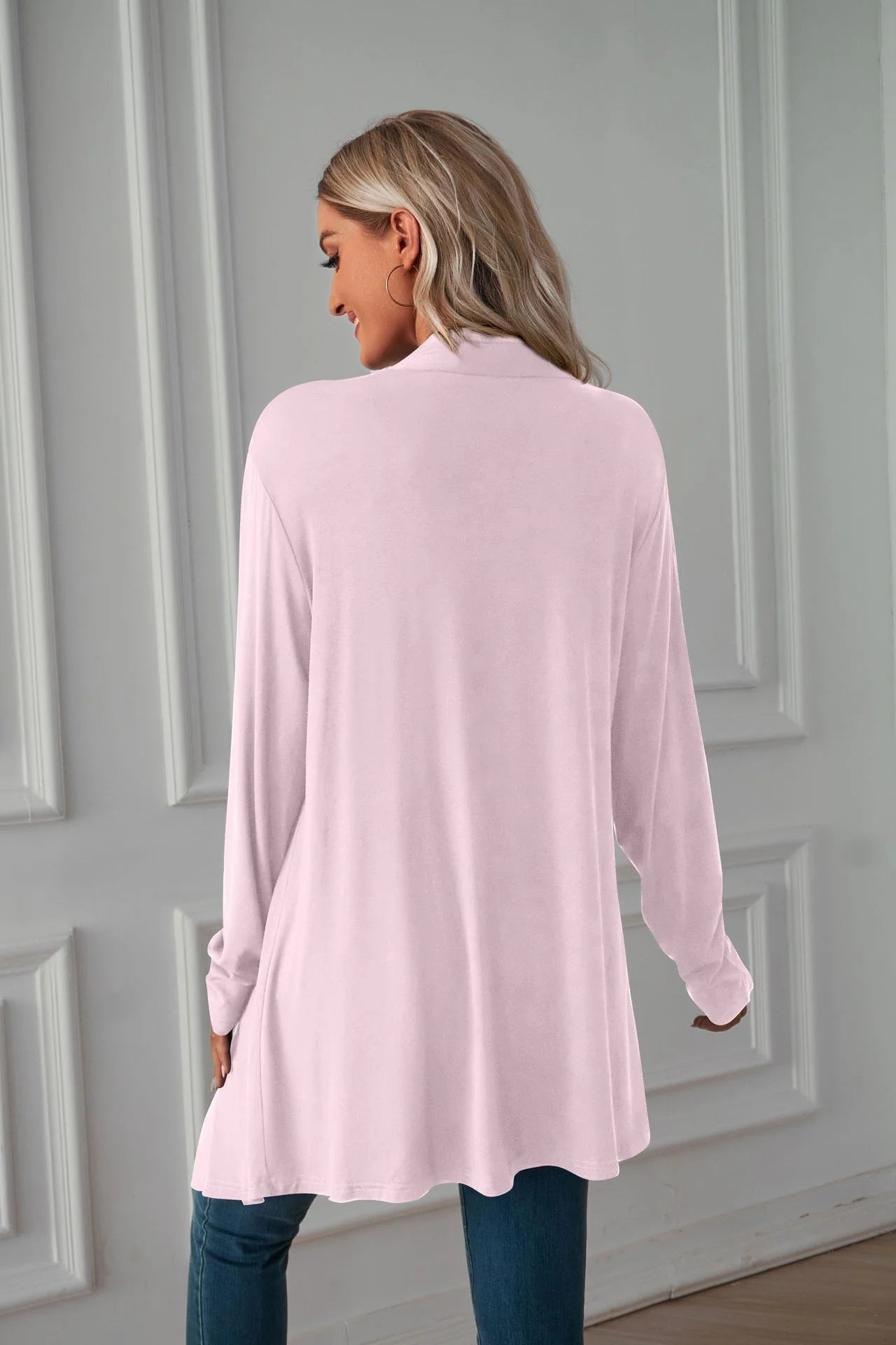 Pure Color Long Sleeved Cardigan Coat Long Blouse Woman