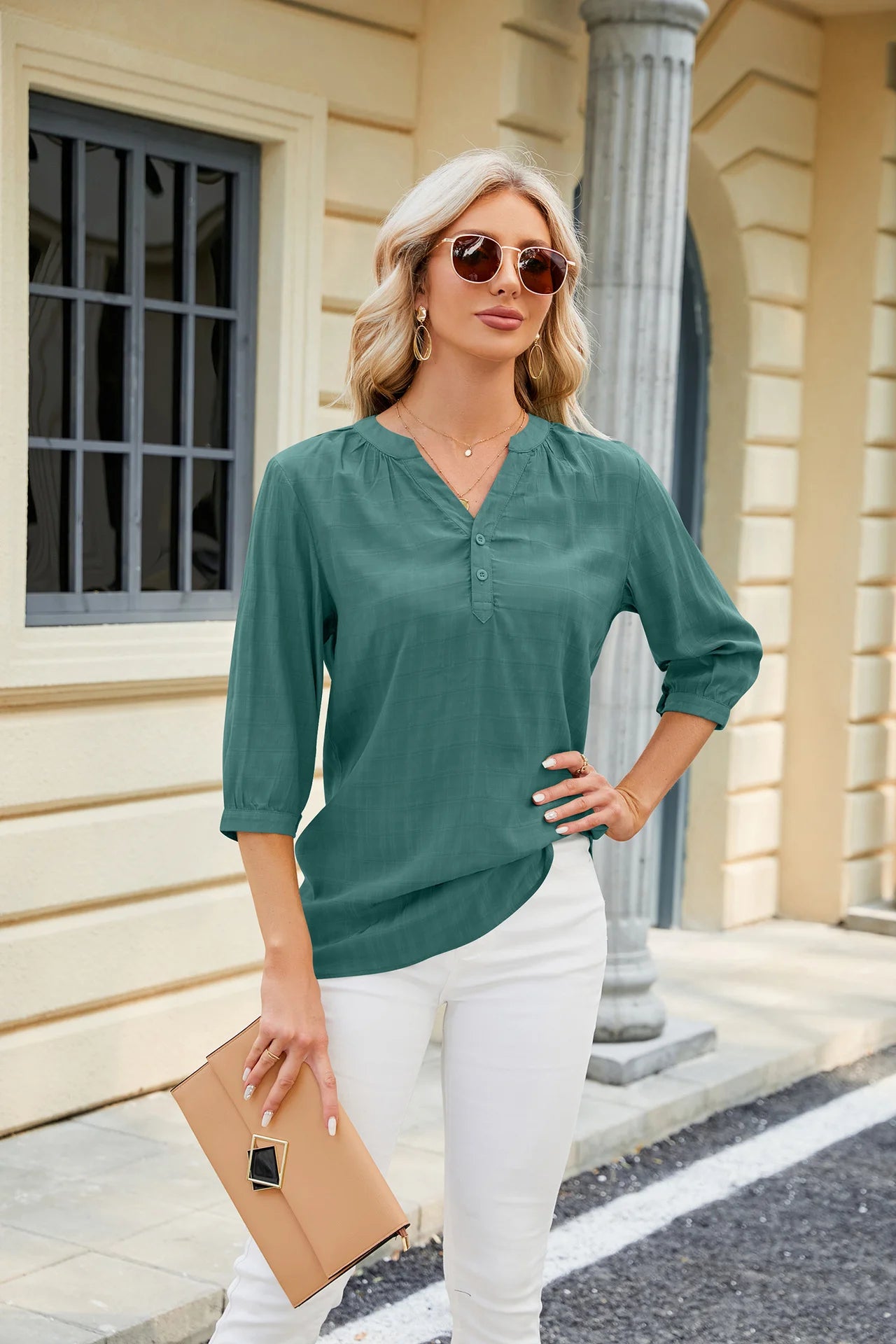 V Collar Loose Five Sleeve Blouse Woman